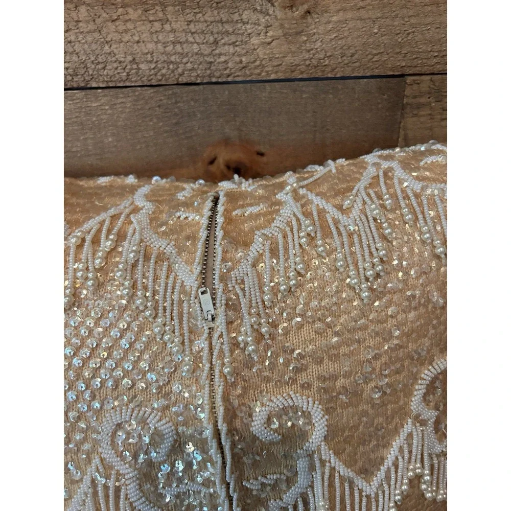 Beaded Decorative Pillow Champaign Tan‎ Ivory Beads Sequence, 14